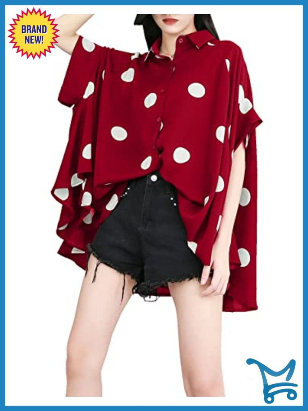 Women's Polka Dot Button Down Blouse Batwing Sleeve Oversized Top